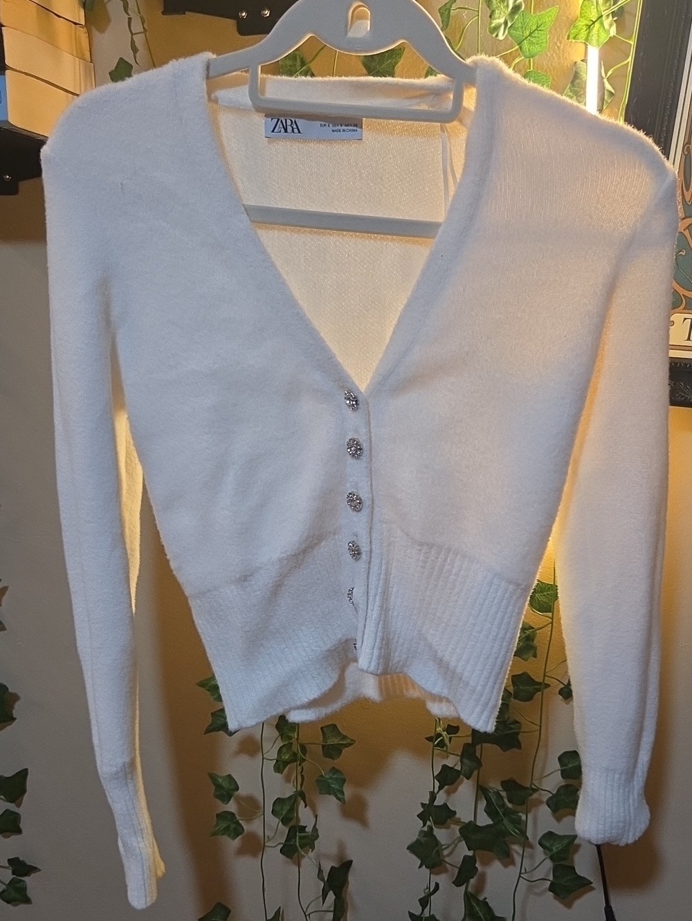 ZARA White V-Neck Button-Front Knit Cardigan with Sparkle Buttons